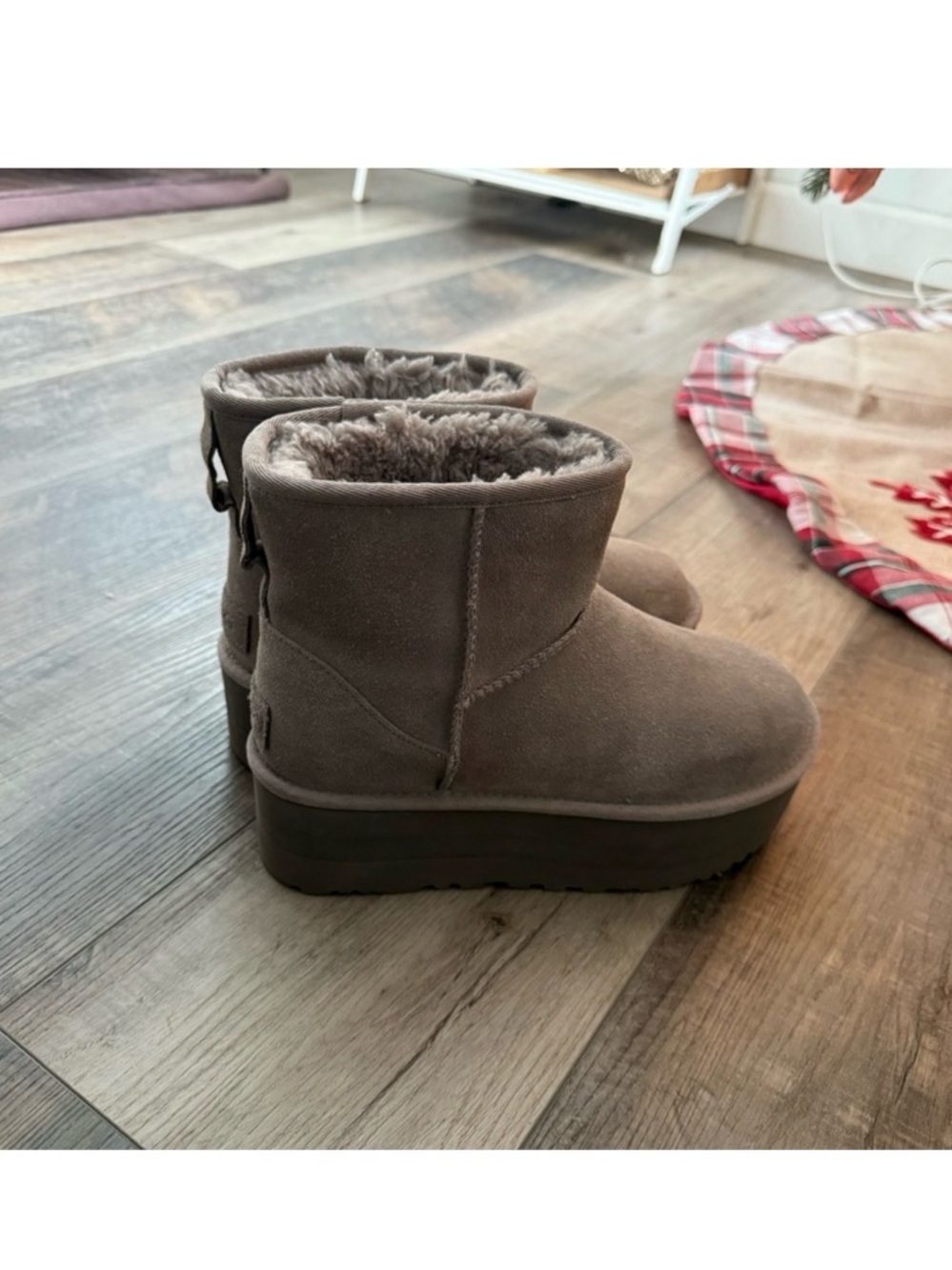 UGG Short Suede Platform Boots in Taupe Gray